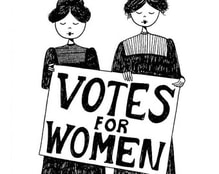 two illustrated suffragettes holding sign